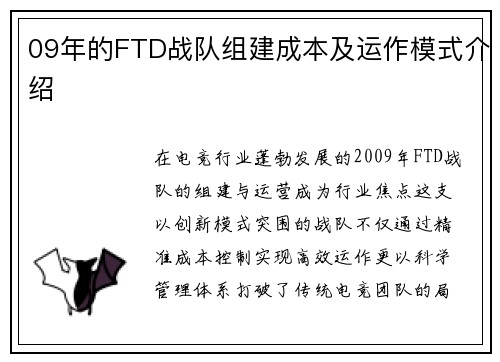 09年的FTD战队组建成本及运作模式介绍